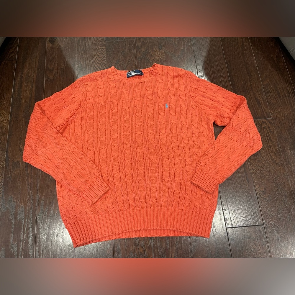 Polo Ralph Lauren Cable Knit Sweater Size Large Orange Cotton Preppy Ivy League